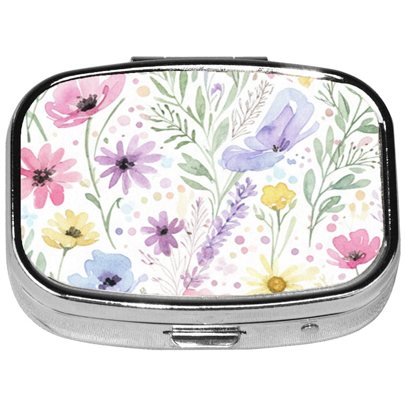 Square Pill Case Small Pill Box with Mirror Pocket 2 Compartment Vitamin Pill Medicine Case Organizer Pill Containers for Traveling Oil-Painted Wildflowers Two Wildflower Two