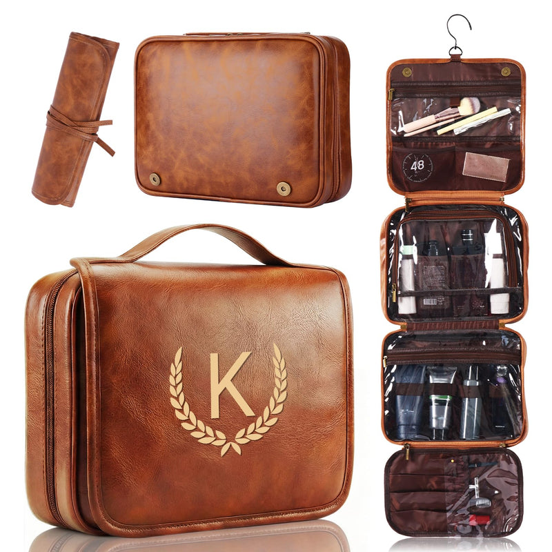 OXYEFEI Personalized Hanging Travel Toiletry Bag Gift for Men,Engraved Initial PU Leather Mens Large Toiletry Travel Essential Organizer Dopp Kit Shaving Bag for Him Birthday (K, Light Brown) K