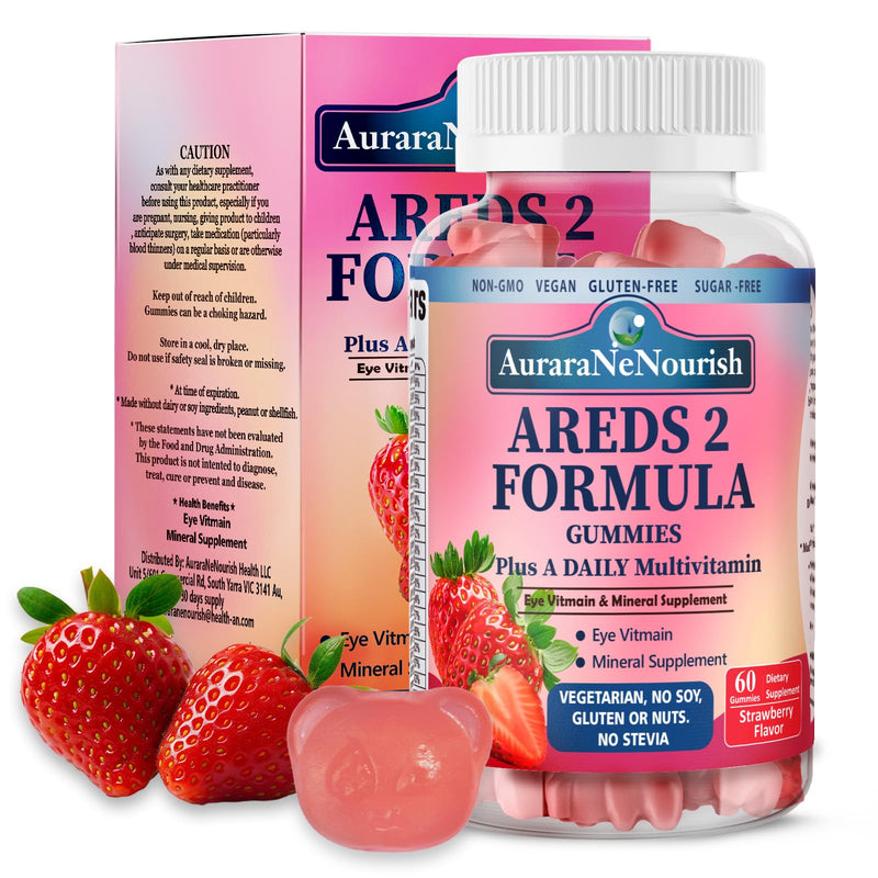 Areds 2 + Advanced Formula for MacularHealth, 22-in-1 Eye Vitamin & MineralSupplement w. Zeaxanthin, Zinc &Vitamin C Supports Eye Strain, Pressure,Night Vision, 60 Chewable Gummies Strawberry 60 Count (Pack of 1)