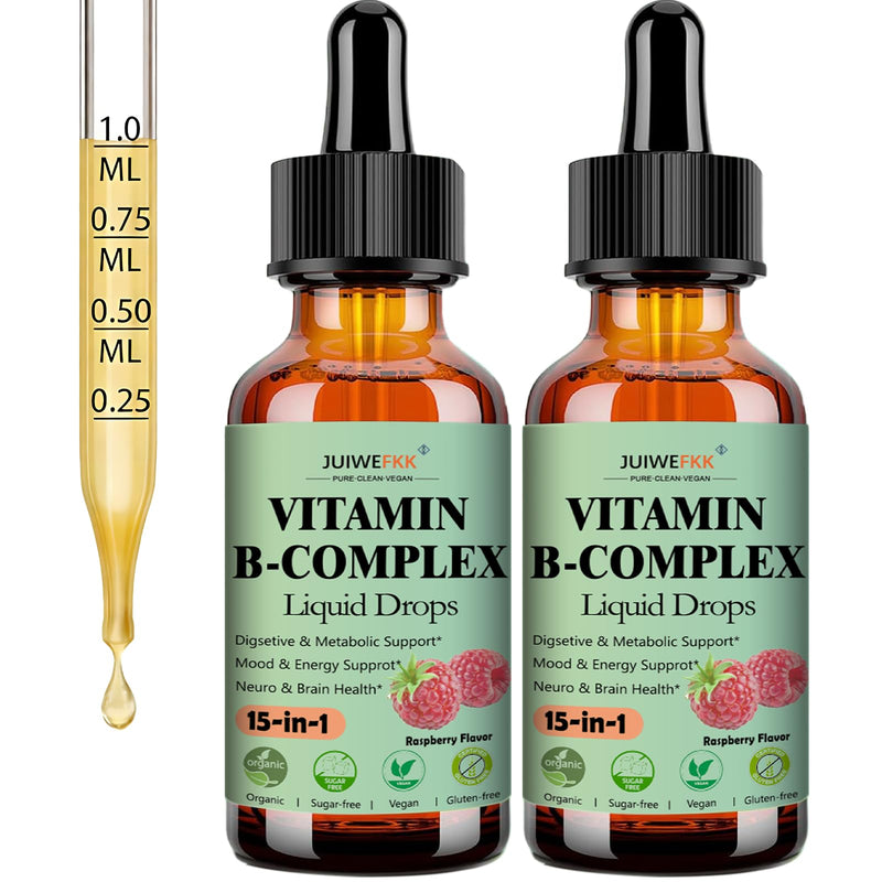 2 Pack Vitamin B Complex Liquid Drops for Women Men & Kids, 15-in-1 VIT B Complex with Vitamin C B12 B6 B1 Niacin Folate Magnesium for Brain Nerve Neuropathy Energy Mood, Sublingual B-Complex Drops Raspberry 1 Fl Oz (Pack of 2)