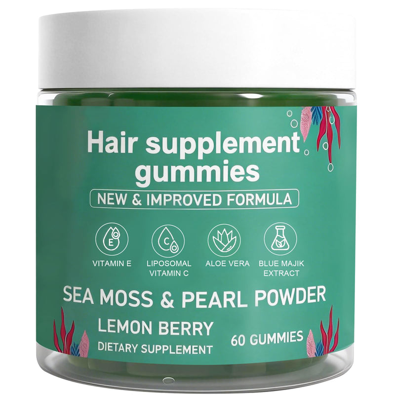 Hair Loss Gummies,Sea Moss Gummies with Vitamin C, Vitamin E, Aloe Vera, Pearl Powder Support Faster Hair Growth,Enhance Nail Elasticity,Promot Radiant Skin,Gluten-Free - 60 Count