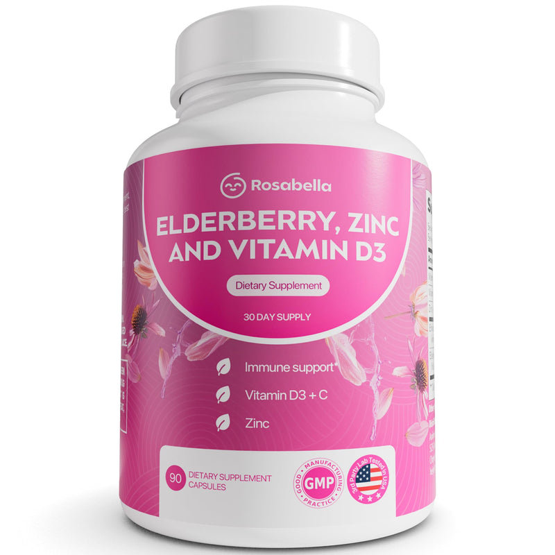 Rosabella Elderberry, Zinc & Vitamin D3 Capsules – Elderberry Supplement with Echinacea, Vitamin C & Zinc, Immune Support Supplement for Daily Wellness, Vegan Capsules – 90 Count (Pack of 1) 90 Count (Pack of 1)