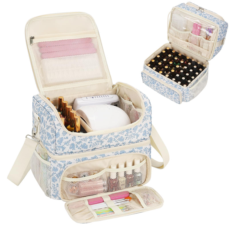 CUBETASTIC Nail Polish Organizer & Storage Bag for 48 Bottles & Full-Size Lamp, Double-Layer Travel Case Box for Nail Supplies, Manicure Kit & Pedicure Tools (Blue Floral, 48 Slots) Blue Floral