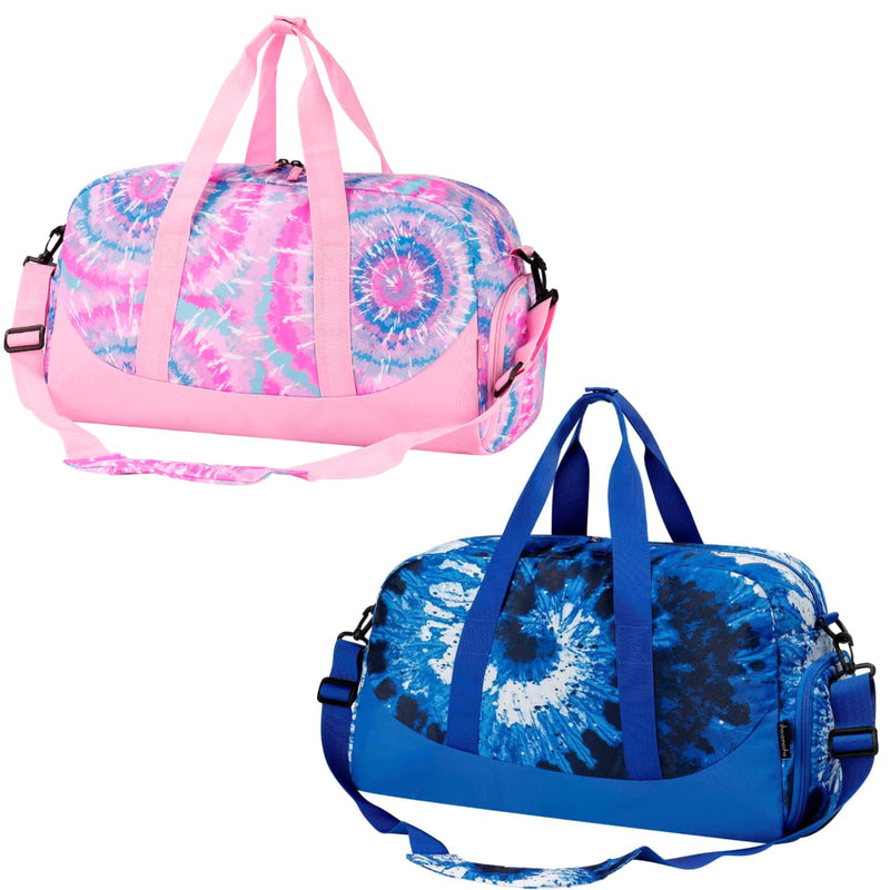 Duffle Bag for Kids - Tie Dye Overnight Bags Set for Girls & Boys with Shoes Compartment, Cute Weekender Bag for Sleepover Travel, Pink & Blue