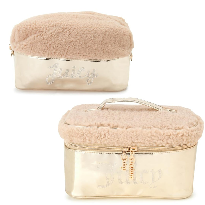 Juicy Couture Shiny Rhinestones Faux Shearling Gold Makeup Bag Cosmetics Organizer Travel Essentials Set
