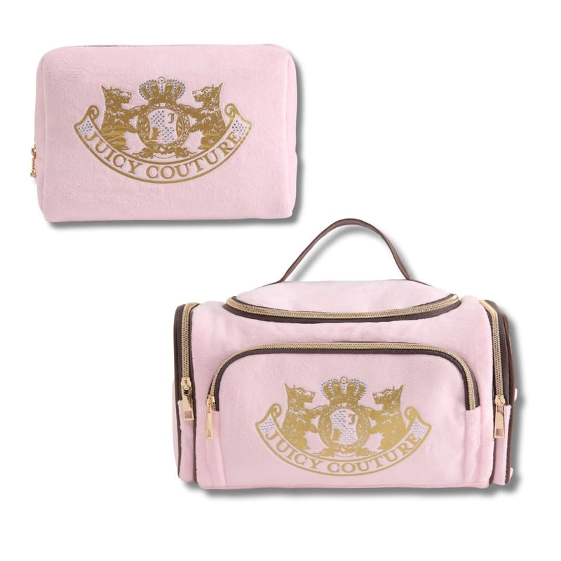 Juicy Couture Pink Makeup Bag Cosmetics Organizer Velour Gold Terrier Dog Rhinestone Crown Set