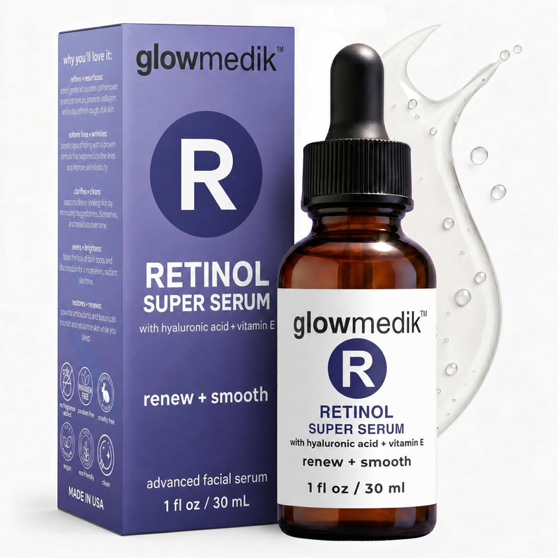 Glowmedik Retinol Booster Serum For Face with Hyaluronic Acid, Vitamin E & Aloe, Facial Skin Care, Fragrance Free – 30ml