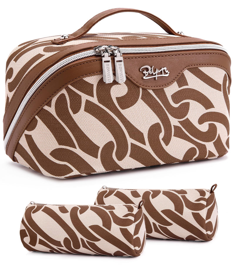 BOYATU Travel Makeup Bag for Women: Large Capacity 3-Piece Cosmetic & Toiletry Organizer - Expands Storage by 50% with 2 Detachable Pouches,Opens Flat for Easy Packing,Waterproof PU Leather(Brown) A-6-Brown