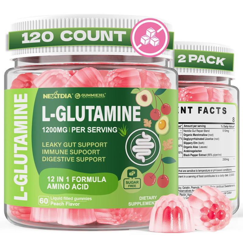 L-Glutamine 1200mg Gummies, GLP-1 Friendly, Gut, Immune Support, Metabölism | Leaky Gut Repair with Akk Probiotic, Slippery Elm, Marshmallow Root, Ginger, Aloe, Vitamin C D3, Zinc, No Sugar, Vegan,120cts 120 Count ( Pack of 2 )