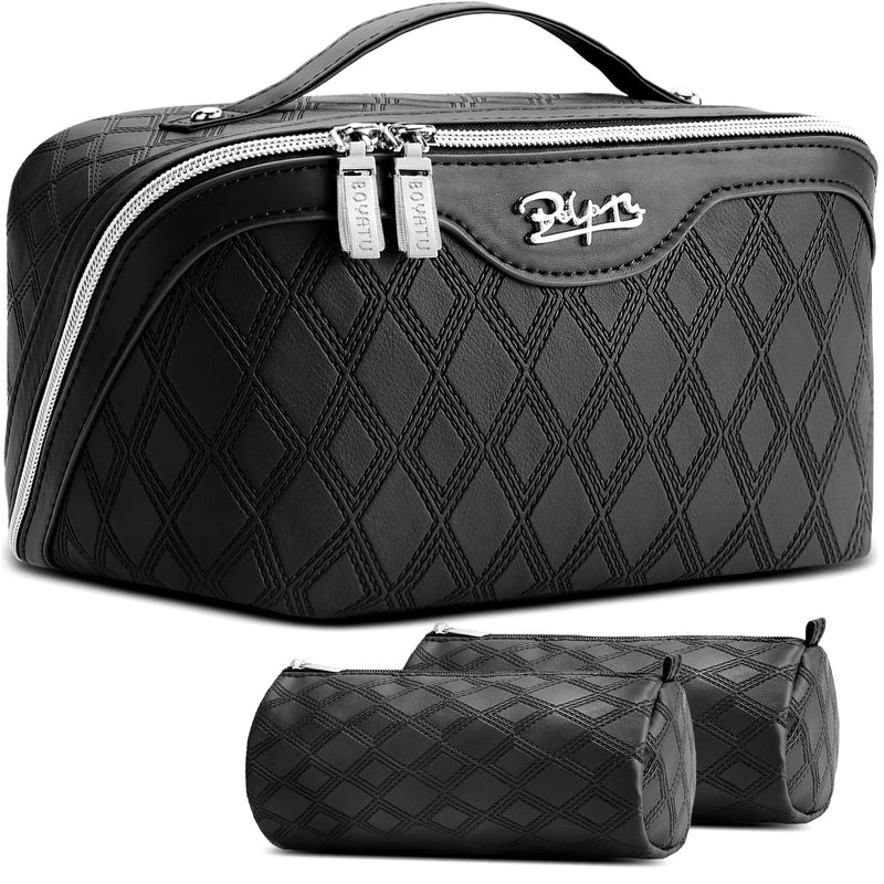 BOYATU Travel Makeup Bag, Large Capacity 3-Piece Cosmetic&Toiletry Bag Set | Thoughtfully Organized | Detachable Pouches | Opens Flat for Easy Packing | Waterproof PU Leather A-4-Black