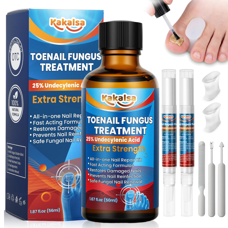 Toenail Fungus Treatment Extra Strength, Nail Fungus Treatment for Thick, Discolored Fungi Nails - 25% Undecylenic Acid All-in-One Kit with 30ML Fungi Nail Solution, 2 Nail Repair Pens