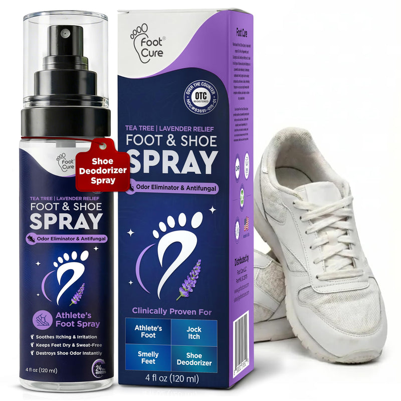Foot Cure Shoe Deodorizer Spray - Tea Tree | Lavender Shoe Deodorizer for Smelly Feet, Athletes Foot Spray Odor Eliminator and Sweat Control | Removes, Controls & Prevents Odors - 120ml Made in USA