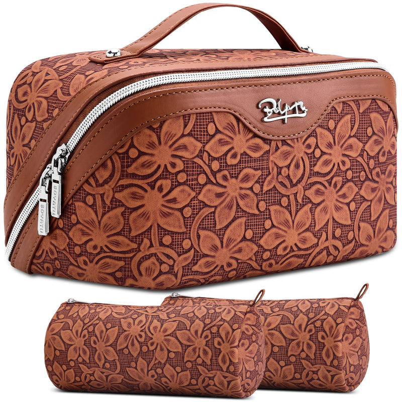 BOYATU Travel Makeup Bag Cosmetic Bags for Women: 3 Pcs Set Make up Bag | Large Capacity Waterproof Vegan Leather Organizer Bags with Compartments - Lay flat Toiletry with Handle (Z-61Brown) Z-61Brown