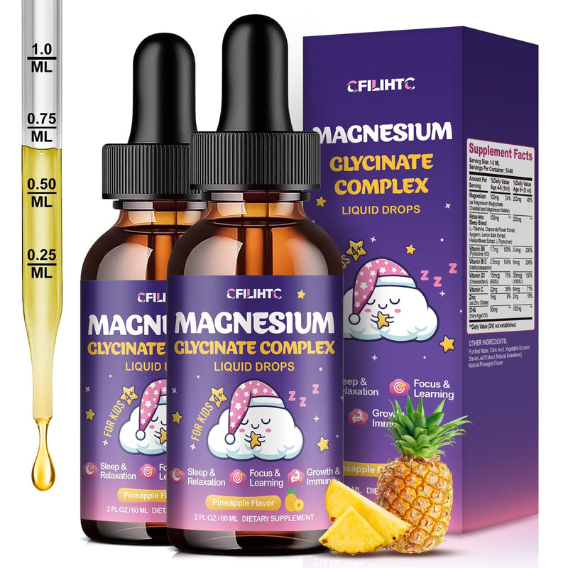 2 Pack Magnesium Glycinate Liquid for Kids - Magnesium Bisglycinate Drops with L-Theanine, Chamomile & Vitamin B6, B12, C, D3 for Sleep, Relaxation, Immune Support, Calm & Focus - 4 Fl Oz, Pineapple 2 Fl Oz (Pack of 2)