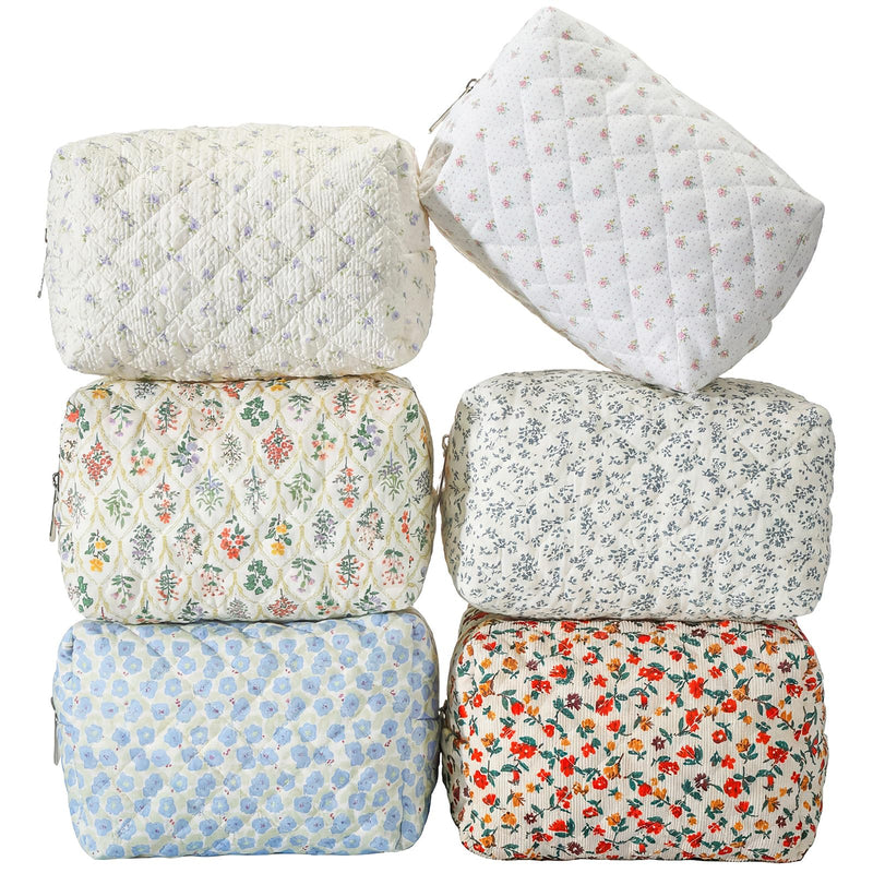 6 Pcs 8 Inch Large Quilted Makeup Bag Bulk Floral Cosmetic Bag Bridesmaid Gifts Women Floral Cotton Quilted Pouch Travel Toiletry Coquette Aesthetic Makeup Organizer for Women