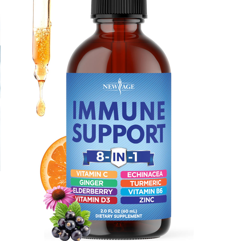 NEW AGE 8-in-1 Immune Support Liquid Drops – Elderberry, Turmeric Curcumin, Echinacea, Ginger, Vitamins C & D3, Zinc & B6 – Fast-Absorbing Immune & Antioxidant Support – Vegan, Non-GMO – 2 oz 2 Fl Oz (Pack of 1)