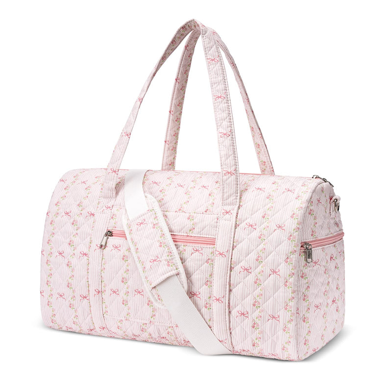 Gym Bag for Women, Cute Duffle Bag, Quilted Duffle Bag for Travel, Floral Duffle Bags, Weekend Bag with Zipper Pocket Dance Bag Organizer A-Striped Bow