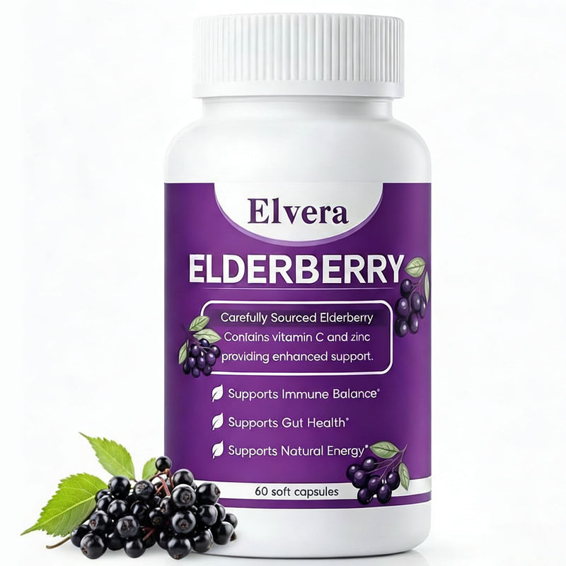 Elvera Gut Support Complex - Organic Black Elderberry Soft Capsules - 1200mg Elderberry Extract, Vitamin C, Zinc, Daily Immune & Gut Support | Vegan, Non-GMO | 60 Softgels 1
