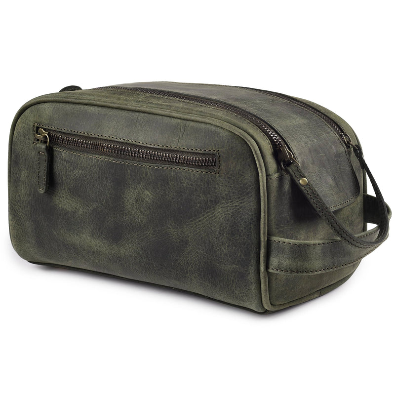 LEATHER VILLAGE Leather Toiletry Bag for Men, Travel Dopp Kit Shaving Bag | Full grain buffalo leather, water-resistant lining, 10x6x6 in, YKK zippers, side handle, travel shaving & grooming kit -Olive Olive