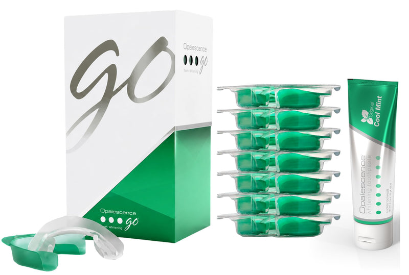 Opalescence GO 15 Mint Whitening Bundle (7 Treatments) & Toothpaste 6238 | 15% Hydrogen Peroxide Prefilled Teeth Whitening Trays Includes Travel Whitening Original Toothpaste 1 Oz 1 Count (Pack of 7)