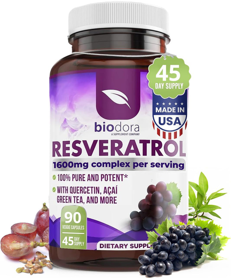 Resveratrol 1600mg | Trans-Resveratrol Antioxidant Supplement, 90 Capsules | w/ Natural Green Tea, Grape Seed Polyphenols & Quercetin, Supports Digestive, Heart Health, Immune System, Brain Function Resveratrol 90 Count