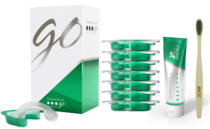 Opalescence GO 15 Teeth Whitening Trays Bundle 15% Hydrogen Peroxide 6238-T | Gel Prefilled Trays - Includes Original Toothpaste Travel Size 1 Oz & 2Chill Toothbrush. Mint - by Ultradent (7 Treatments) 1 Count (Pack of 7)