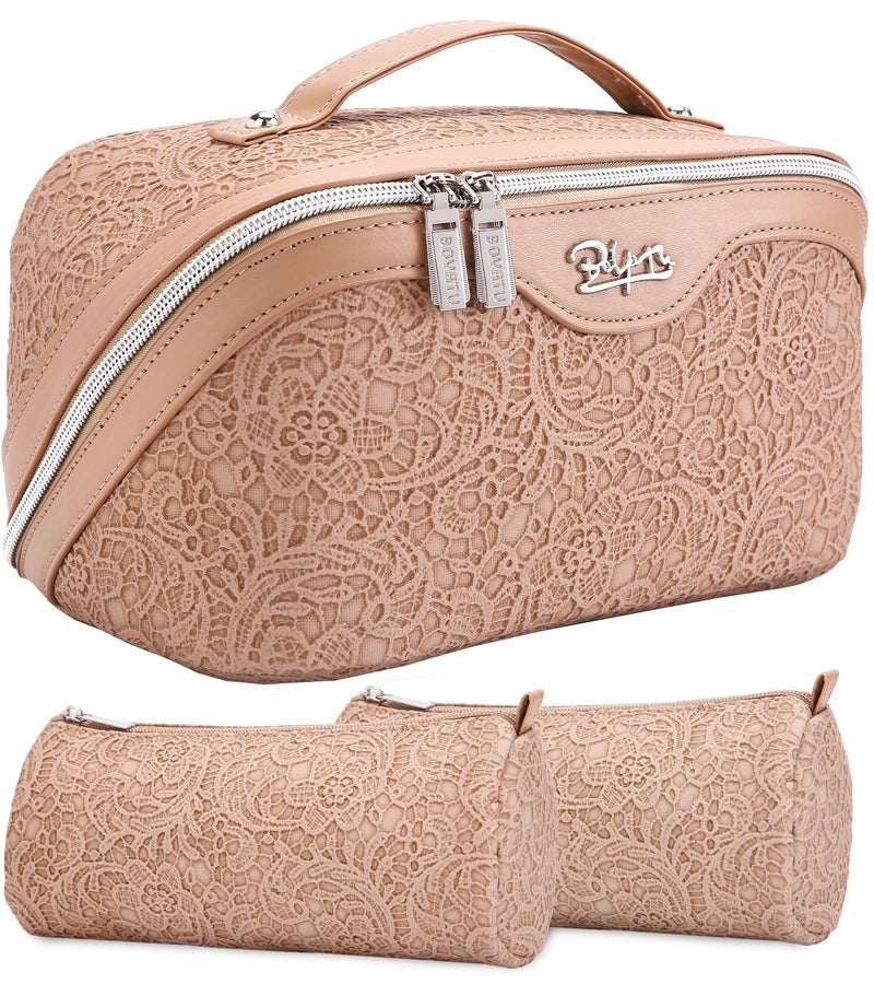 BOYATU Travel Makeup Bags Cosmetic Organizer Bag: 3-Set Large Capacity Make up Bag - PU Leather Toiletry Bags for Women - Wide Open Portable Pouch with Divider & Handle (A-Tan) A-Tan
