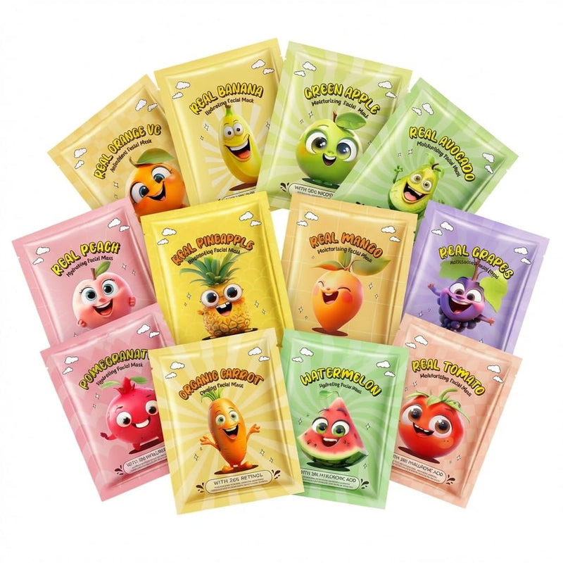 Fruit Face Masks, 12 Pack Face Masks Spa Set – Natural & Organic Hydrating Sheet Masks with Vitamin C, E for Brightening, Vegan Skincare Gift for Women/Men, Spa Day at Home