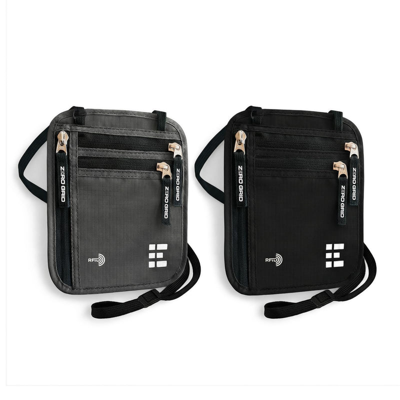 Neck Wallet Pack of 2 (Dark Grey & Midnight Black), RFID Blocking Passport Neck Wallets with Multiple Pockets, Slim Concealable Nylon Travel Pouches for Phone, Cash, Cards and Keys
