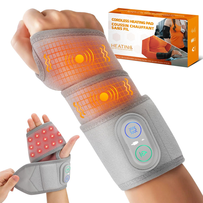 Cordless Wrist Heating Pad Wrap, Heated Wrist Brace with Vibration, Heated Wrist and Hand Massager, 3 Heat Levels, 3 Massage, Rechargeable Heating Pad for Wrist and Hand, Elbow, Ankle Light Grey