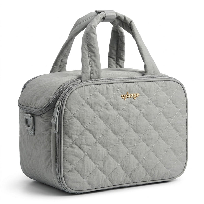 Large Quilted Toiletry Bag for Women, Puffy Travel Makeup Organizer with Removable Divider & Shoulder Strap, Waterproof Standing Cosmetic Case for Full-Size Toiletries, Gym, Vacation Light Gray