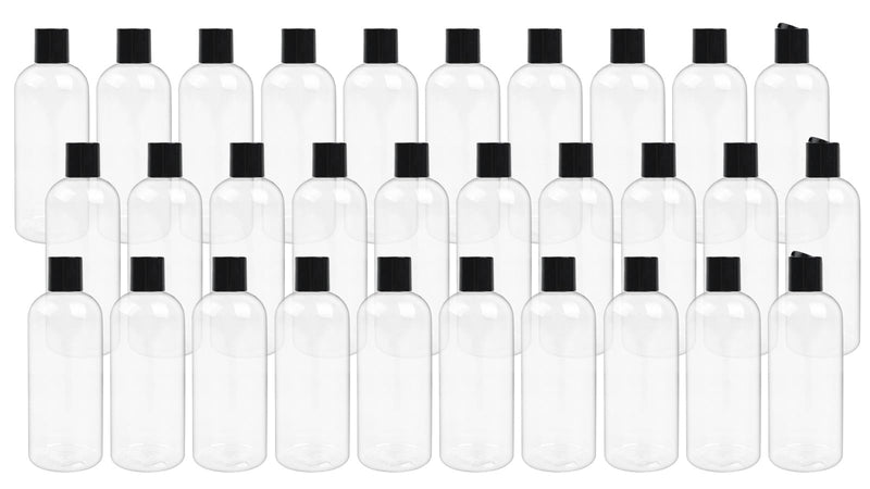 16 oz BPA Free Plastic Suqeeze Bottles with Black Disc Caps Refillable Travel Containers for Toiletries Shampoo conditioner Lotions Liquid Soap Shower Gel (30Pack, Clear)