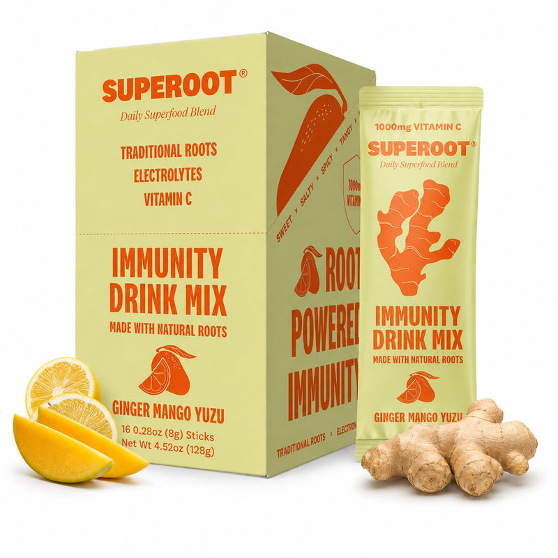 Organic Immunity Superfood Powder Ginger & Turmeric - Instant Hydration & Digestion Support - Daily Wellness Turmeric Mango Yuzu Drink - 3 Essential Electrolytes Organic Roots - (16 Servings) Mango & Yuzu