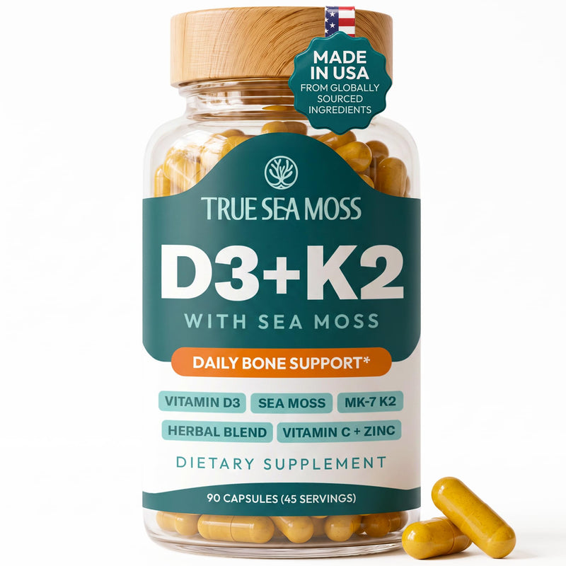 TrueSeaMoss Vitamin D3 K2 Capsules – Bone Health Support & Calcium Absorption for Men & Women – with Sea Moss, Zinc, Turmeric & Vitamin C – 90 Count, 45 Day Supply 1 Count (Pack of 90)