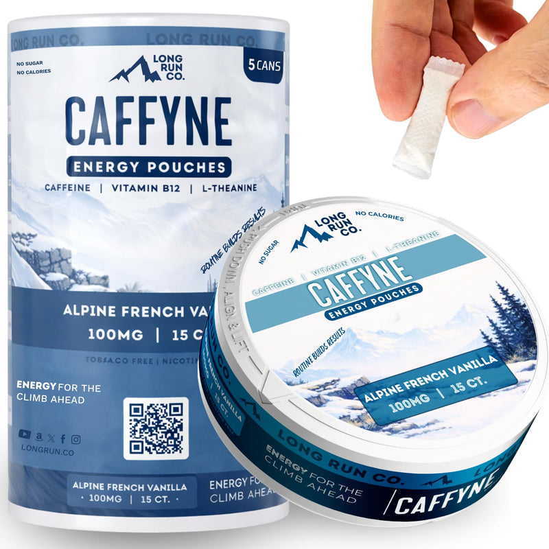 CAFFYNE Energy Pouches by Long Run Co. — All Natural Caffeine + B-Vitamins + L-Theanine | Sugar-Free & 0 Calories | 100mg of Caffeine in Each Pouch (Pack of 1, Alpine French Vanilla) Pack of 1