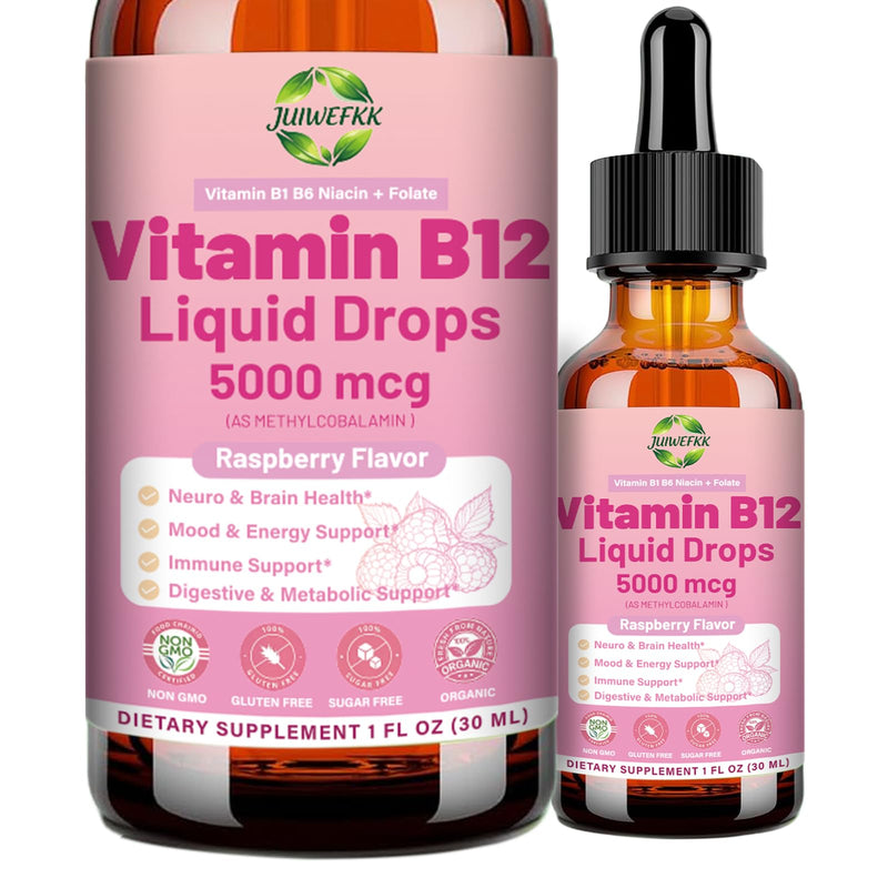 Liquid Vitamin B12 Drops 5000 mcg - Extra Strength B12 Methylcobalamin | with B1 B6 B3 Folate Niacin -Fast Absorption Sublingual B-12 Drops for Energy Metabolism & Brain Function, Vegan B Complex Raspberry 1 Fl Oz (Pack of 1)