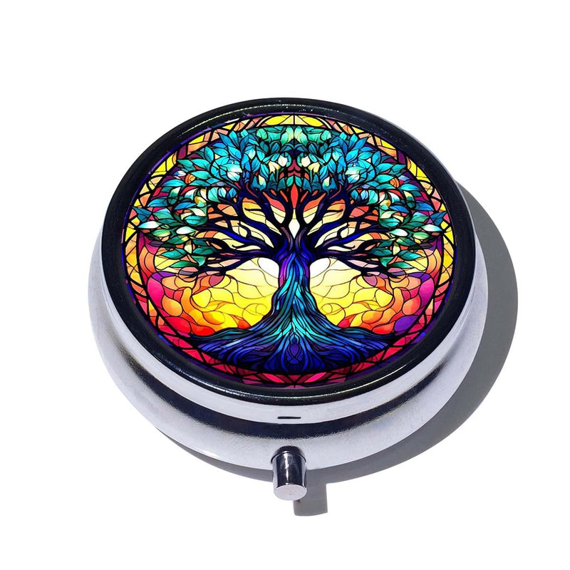 3 Compartment Stained Glass Life Tree Daily Small Pill Case for Purse, Iridescent Tree Portable Travel Pill Box Mini Medicine Organizer Case, Suitable for Tablet Vitamin Fish Oil Holder 2 Lm 02679