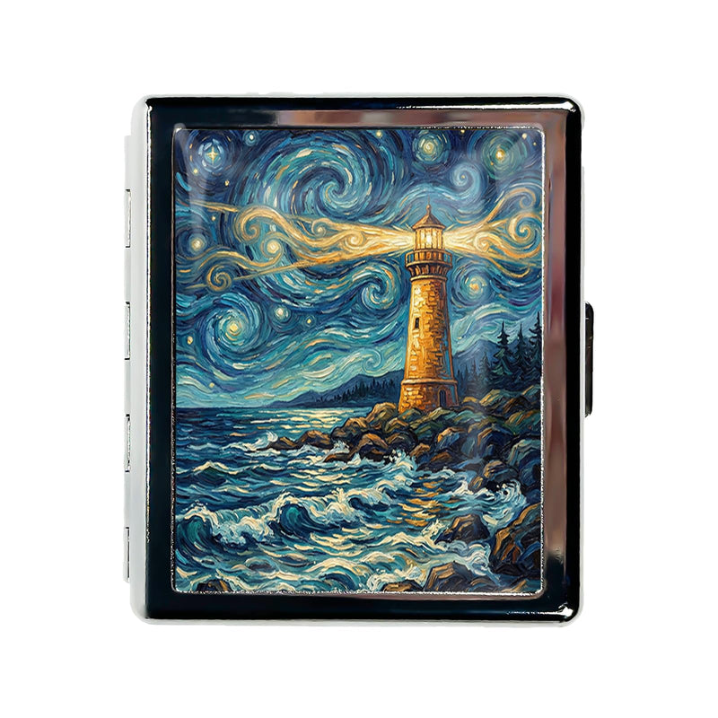 Metal 7 Day Pill Organizer, Cute Small Weekly Pill Case with 8 Compartments for Travel, Moisture-Proof Medicine Holder for Purse, Compact Daily Vitamin Box (Lighthouse Night) Lighthouse Night