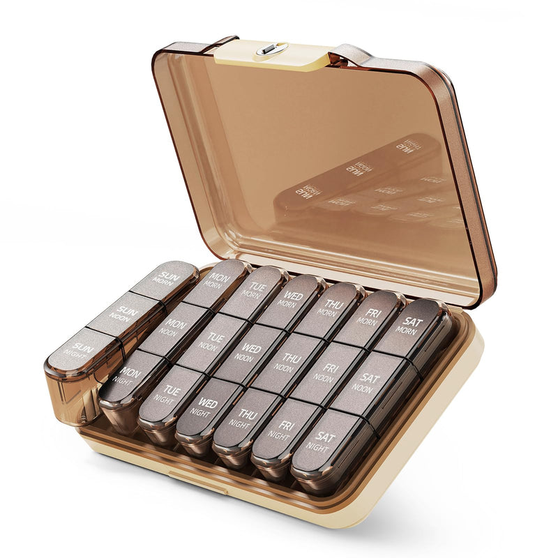 Weekly Pill Organizer 3X a Day, Detachable 7 Day Pill Box 3 Times a Day with Moisture-Proof Design, Portable Light-Proof Daily Pill Case for Pills,Vitamin,Fish Oil and Supplements(Brown) Brown