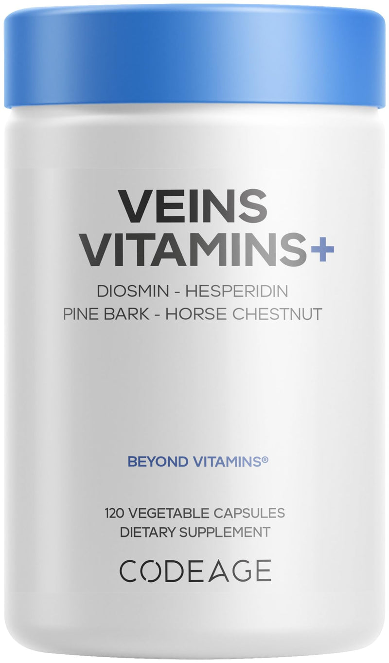 Codeage Veins Vitamins+ Supplement, Diosmin, Hesperidin, 120 Capsules | Diosmin, hesperidin, horse chestnut, butcher's broom, gotu kola, pine bark, vitamin C. Vegan, non-GMO.