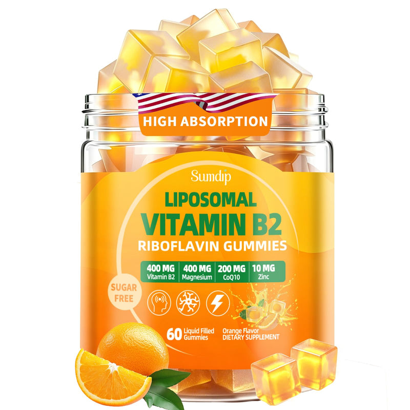 Vitamin B2 Gummies, Liposomal Riboflavin 400mg for Head & Energy | High Potency with Magnesium, CoQ10, Zinc for Kids & Adults, Sugar Free, Vegan, Orange Flavor, 30-Day Supply 60 Count (Pack of 1)