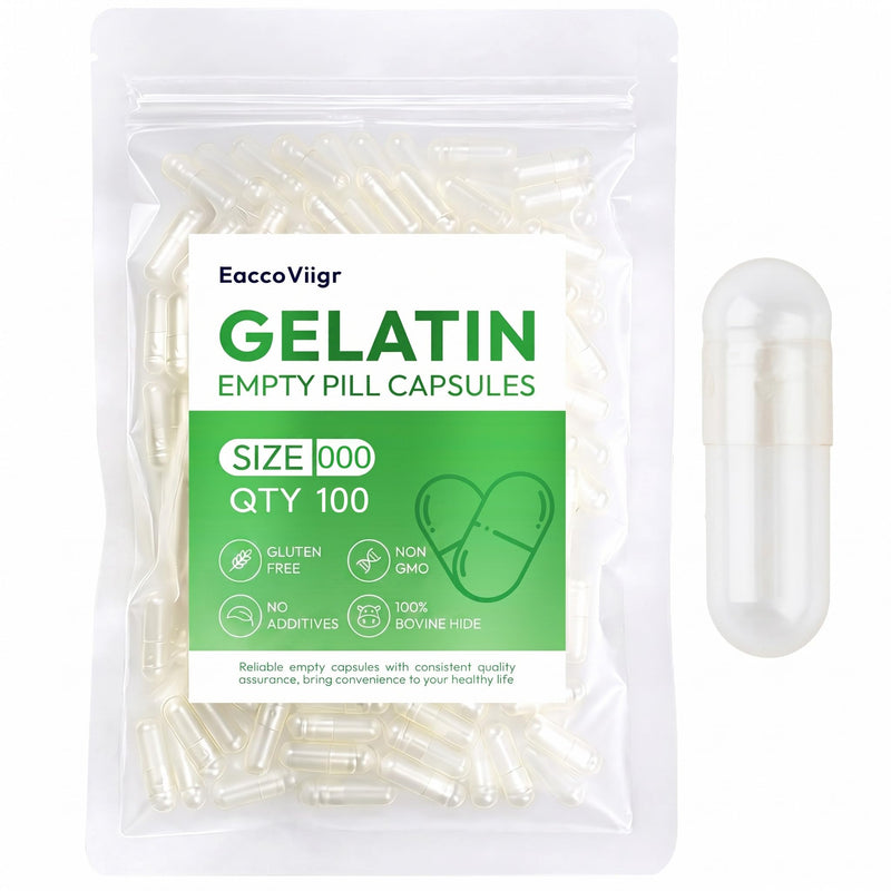 Size 000 Gelatin Empty Capsules - 100 Count Clear Empty Pill Capsules, Fillable Empty Gel Capsule for Homemade Vitamins & Powders, Easy for DIY Supplements