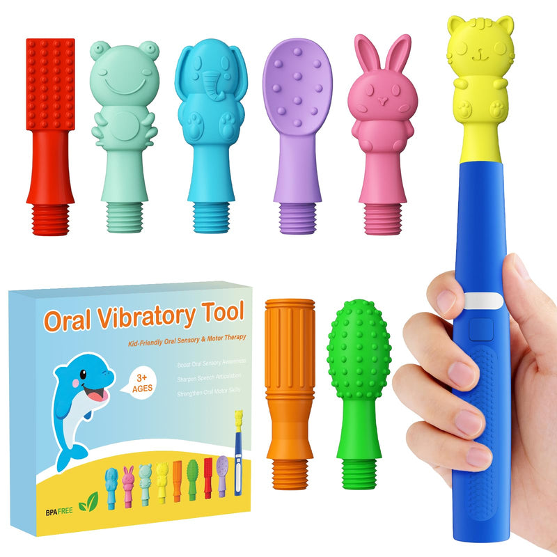 Oral Sensory Vibration Tool Oral Motor Sensory Stimulation Kit with 8 Textured Silicone Heads, 3 Vibration Modes for Autism, Speech Therapy, Self Feeding Stimulation & Calm Sensory Needs - Blue