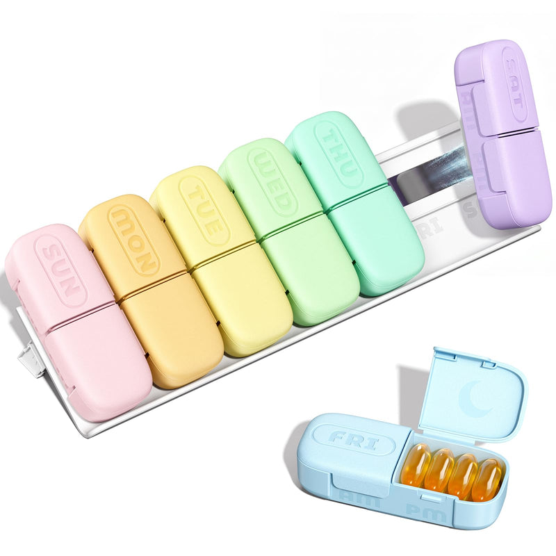 Magnetic Weekly Pill Organizer 2 Times a Day, Large AM PM Pill Box 7 Day | Travel Pill Case, Magnets and Stand, Removable Daily Medicine Container for Medication, Vitamin and Supplement, Macaron
