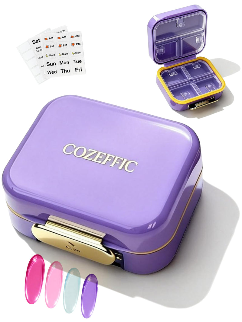 Small Pill Case Travel Pill Box with 7 Compartments for Purse - Compact Pill Organizer for Medicine Vitamin - Portable Container for Supplements & Fish Oil - Lavender