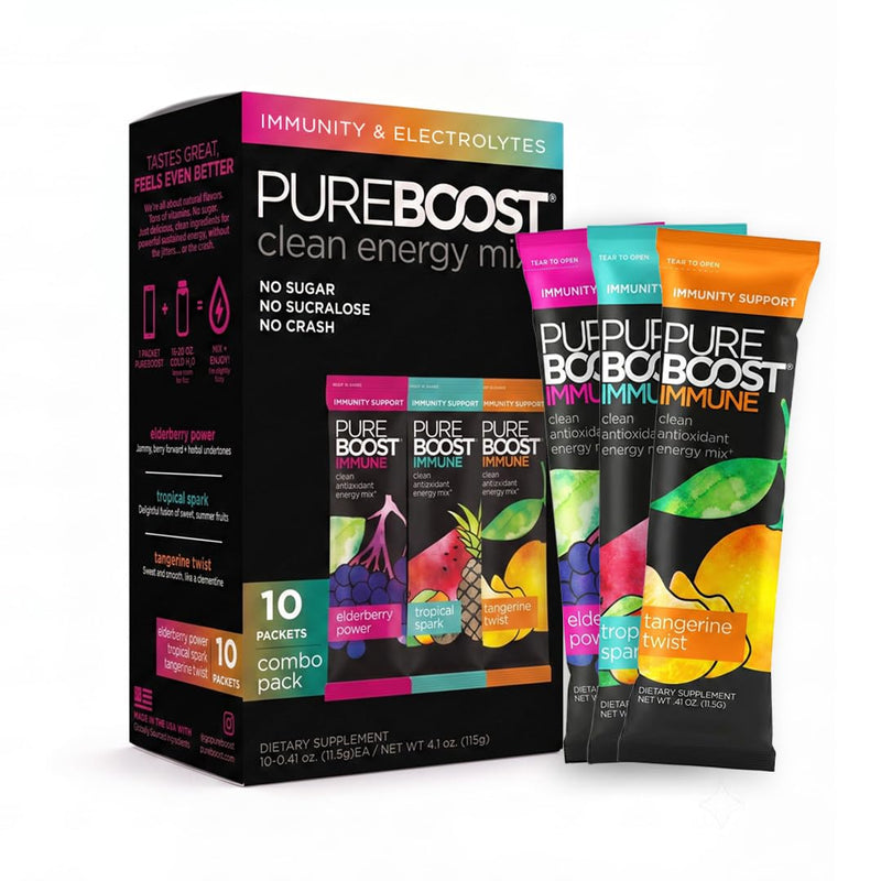 Pureboost Sugar-Free Immune Clean Energy Booster Drink Mix, Combo Pack 10ct | Tangerine,Tropical & Elderberry. With 1,200mg Vitamin C, Vitamins A + D, Zinc, Antioxidants & Elderberry for Immune Support 10 Count