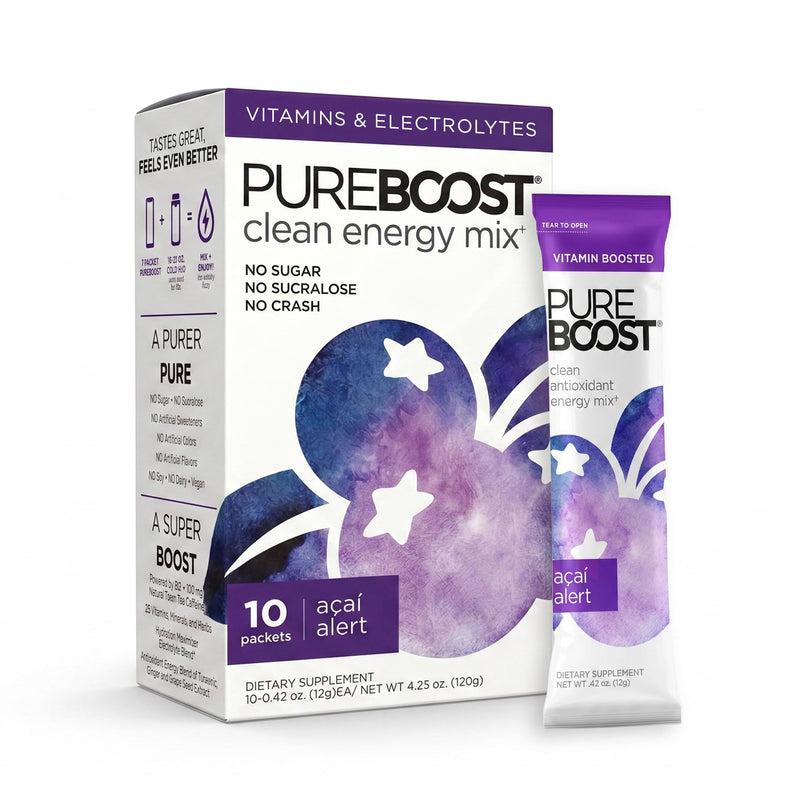 Pureboost Sugar-Free Clean Energy Booster Drink Mix, Acai Alert 10ct | B12 vitamins, low sodium electrolytes & antioxidants. 25 vitamins and minerals. No sucralose. 10 Count