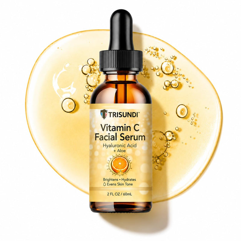 Trisundi® Vitamin C Facial Serum with Hyaluronic Acid & Aloe, Lightweight Hydrating Face Serum for Daily Skincare, Suitable for All Skin Types, 2 fl oz (60 mL)