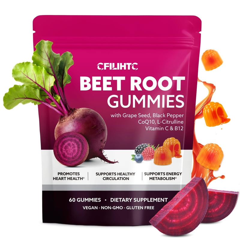 Beetroot Gummies - Beet Root for High Blood Pressure Supplements with Grape Seed Extract + CoQ10 + Black Pepper Extract + L-Citrulline + Vitamin C B12 Ultimate Heart for Blood Flow & Energy, 60 Count Mixed Berry 60 Count (Pack of 1)