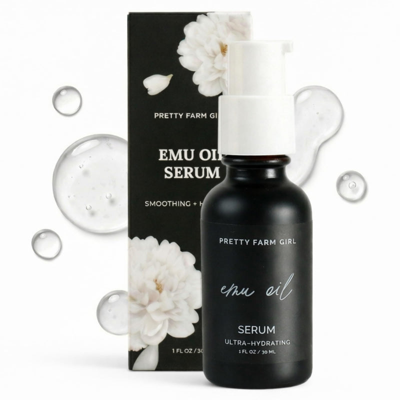 Pretty Farm Girl Emu Oil Serum — 1 fl oz (30 mL) | Glass Bottle with Dropper | Lightweight Moisturizing Facial Serum for Sensitive & Dry Skin | Boxed Packaging
